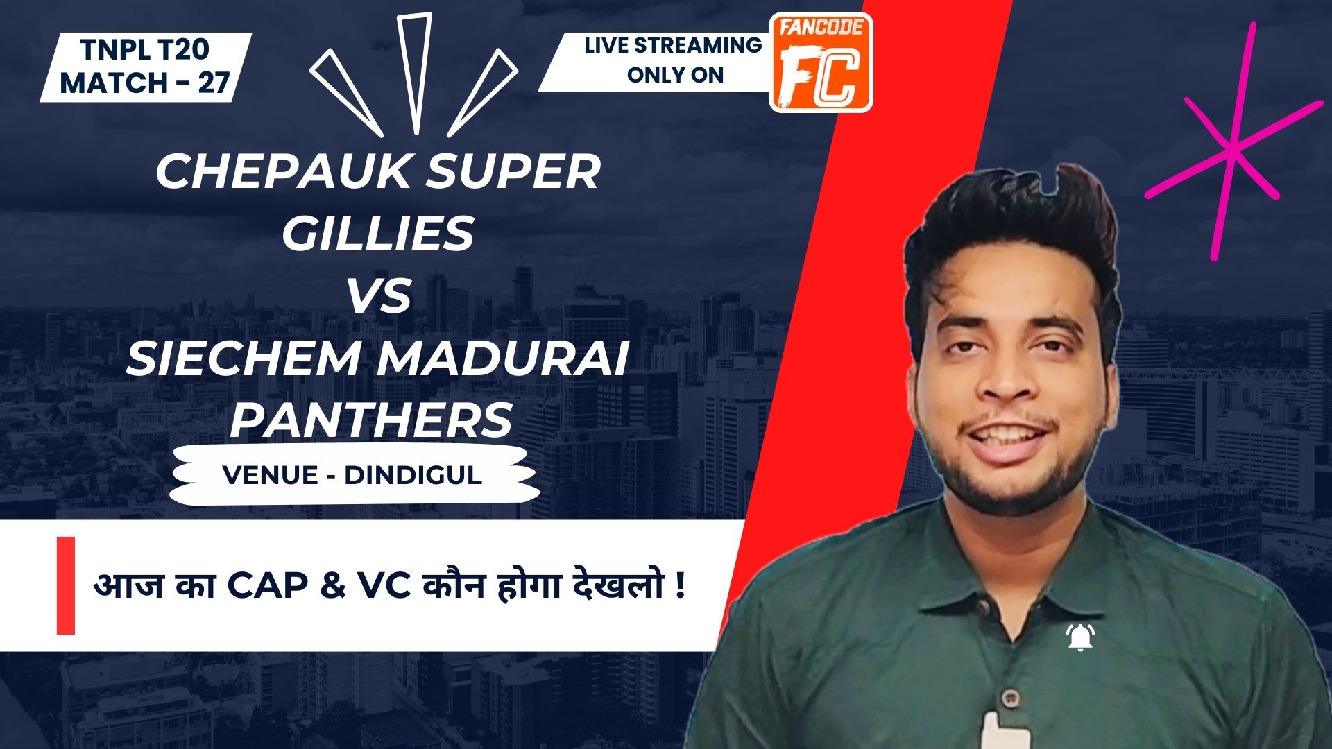 poster url for Match 27: Chepauk Super Gillies vs Siechem Madurai Panthers | Fantasy Preview