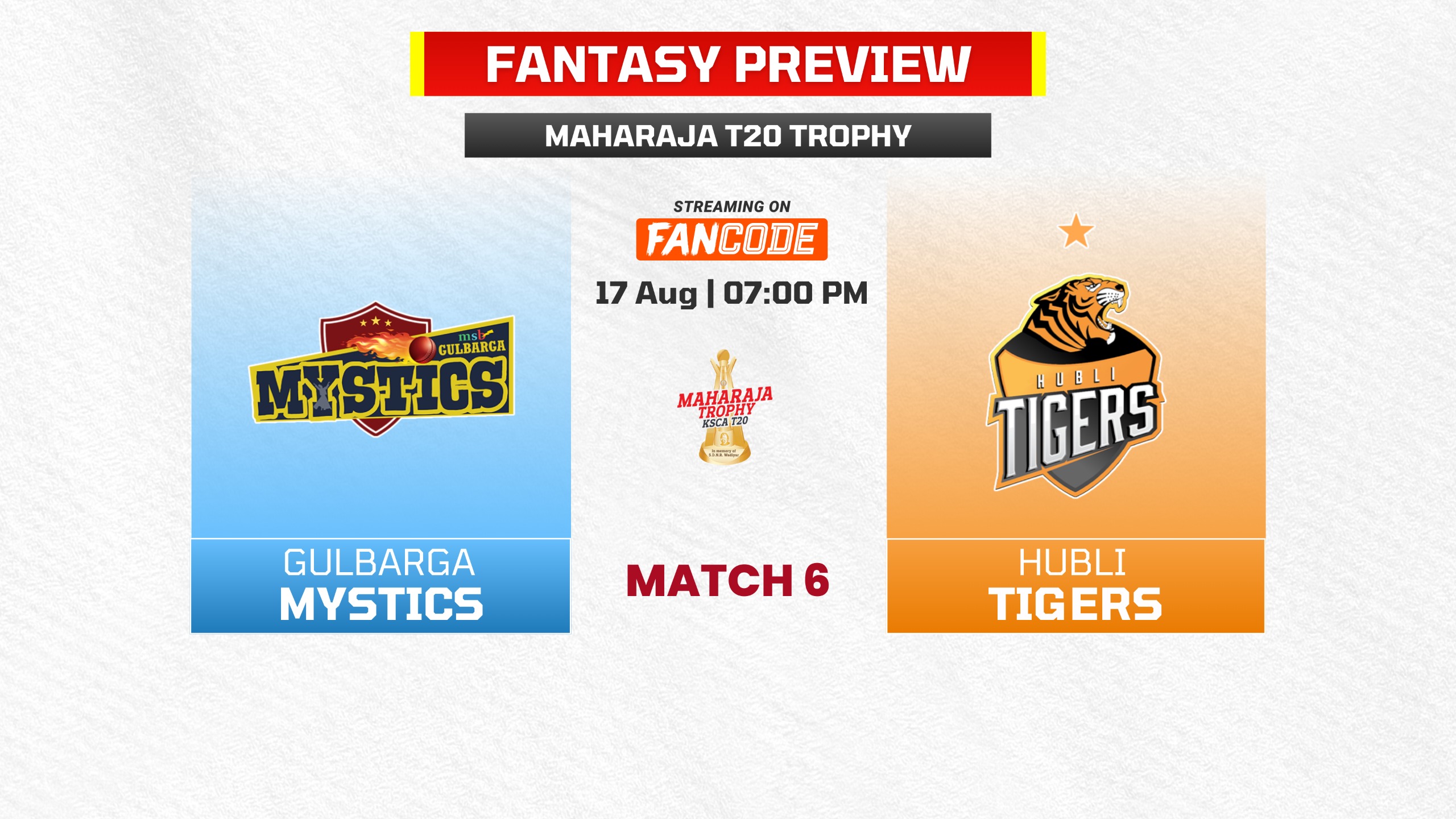 Match 6: Gulbarga Mystics vs Hubli Tigers | Fantasy Preview